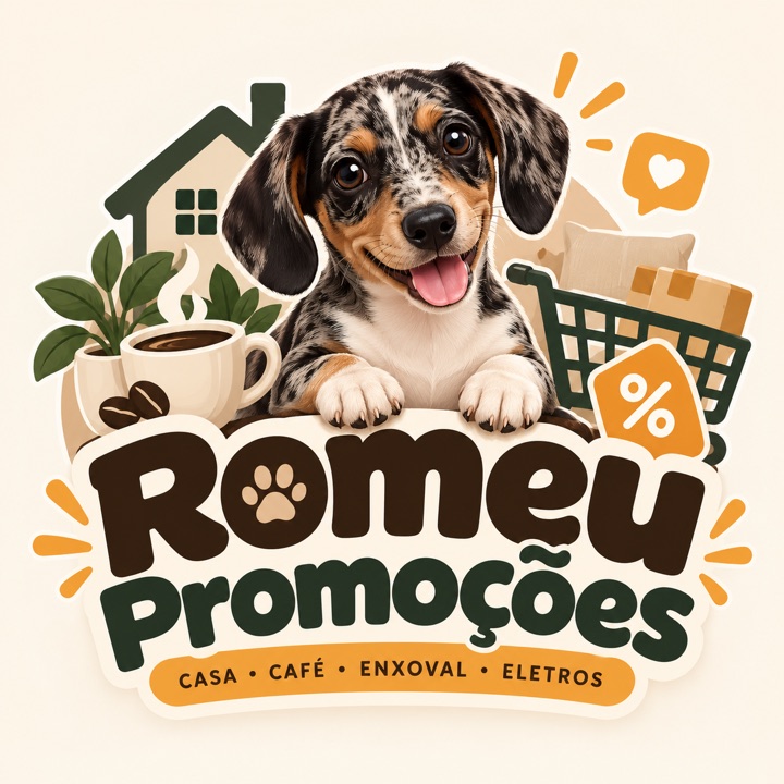 Romeu Promoções: um filhote de dachshund entre uma xícara de café, uma casa e um carrinho de compras